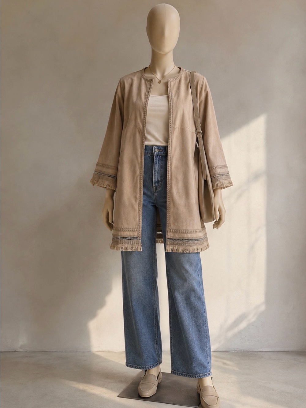 Andrew Marc New York Camel Beige Suede Open Coat Jacket